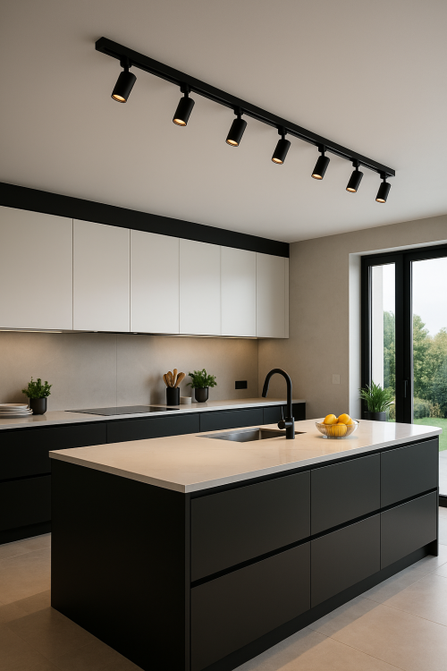 Zestaw Aura czarne.pngZestaw szynoprzewodów z reflektorkami Aura w kolorze czarnym zamontowany na suficie nowoczesnej kuchni. Aranżacja od 4Fundesign.com