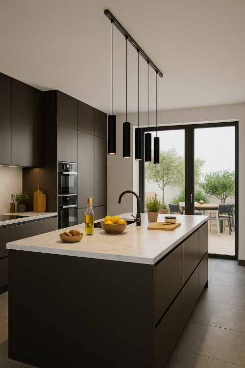 Zestaw oświetlenia szynowego 3-fazowego z 5 lampami wiszącymi w nowoczesnej kuchni – elegancki system oświetlenia od 4Fundesign..png