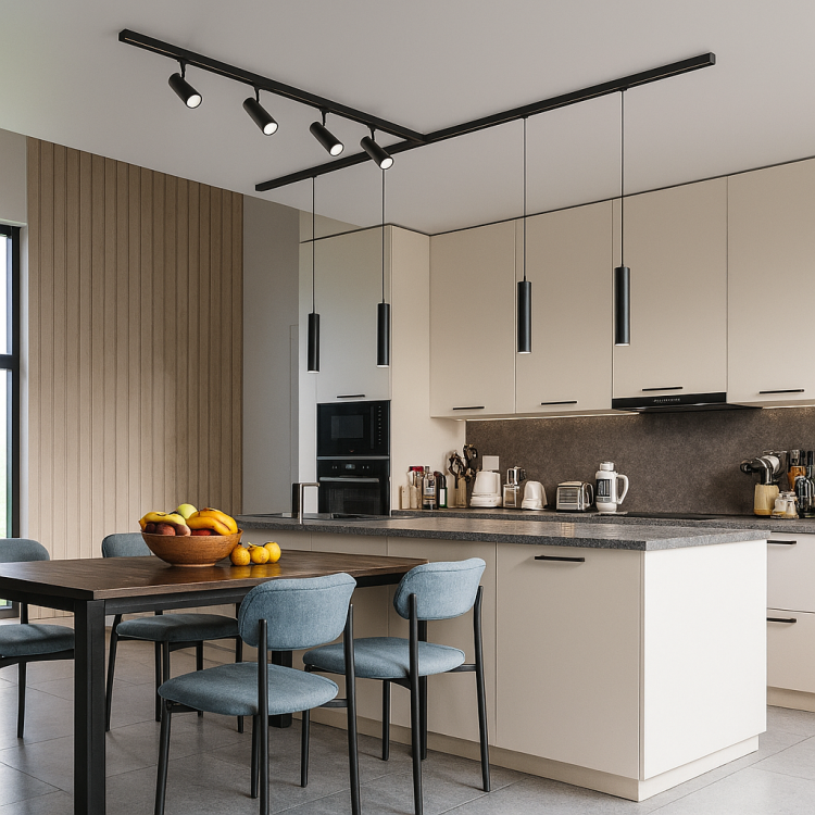 Nowoczesna kuchnia w jasnych kolorach z beżową zabudową i oświetleniem szynowym oraz trzema lampami wiszącymi – aranżacja wnętrza 4fundesign.com
