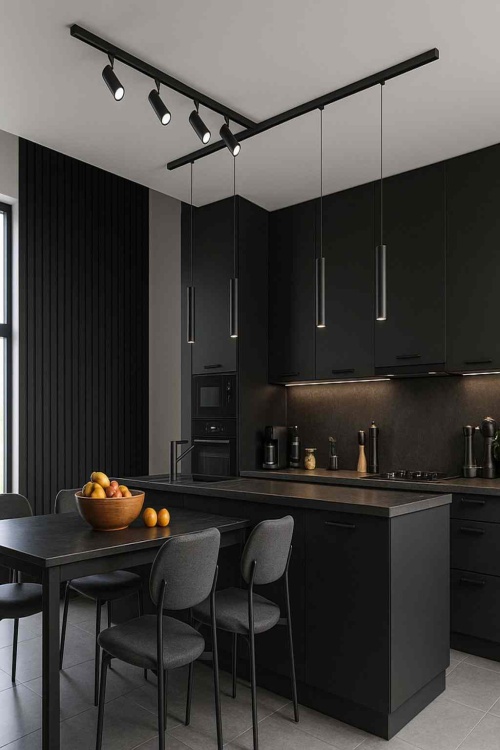 Nowoczesna kuchnia z czarną zabudową, oświetlona zestawem oświetlenia szynowego i trzema lampami wiszącymi – aranżacja wnętrza 4fundesign.com