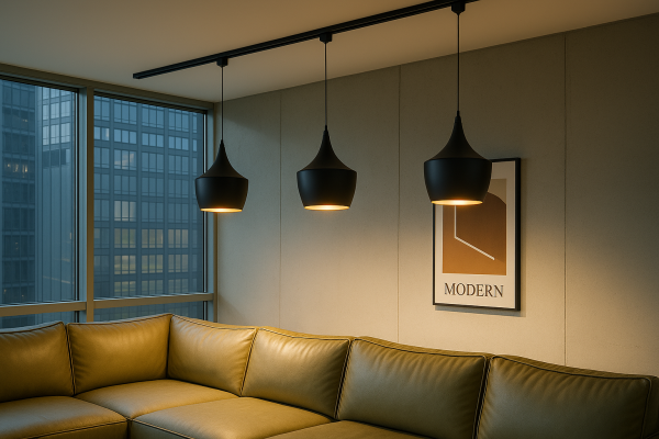 System oświetlenia szynowego 3-fazowego 3 punkty 200 cm z lampami wiszącymi.pngSystem oświetlenia szynowego 3-fazowego z trzema lampami wiszącymi Style w nowoczesnym salonie