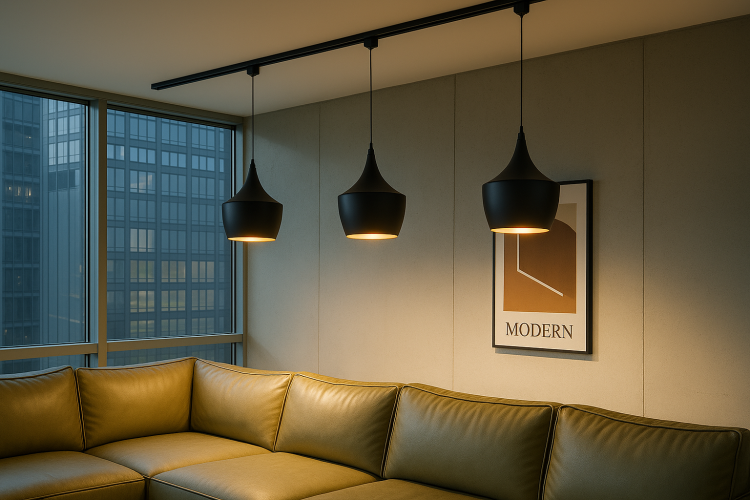 System oświetlenia szynowego 3-fazowego 3 punkty 200 cm z lampami wiszącymi.pngSystem oświetlenia szynowego 3-fazowego z trzema lampami wiszącymi Style w nowoczesnym salonie