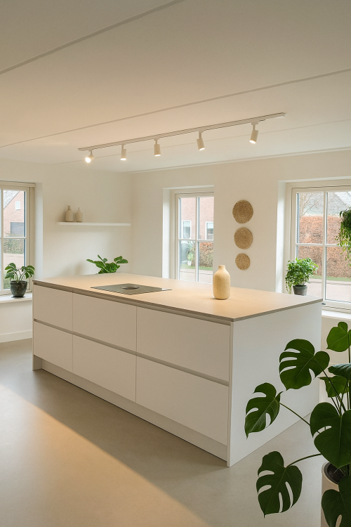 Nowoczesna biała kuchnia z dużą wyspą, minimalistycznym wystrojem i systemem oświetlenia szynowego z reflektorami LED skierowanymi na blat..png