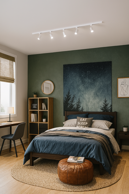 Nowoczesna sypialnia z białą szyną oświetleniową i pięcioma zapalonymi reflektorami LED na suficie, minimalistycznym wystrojem i zielonym akcentem na ścianie.png