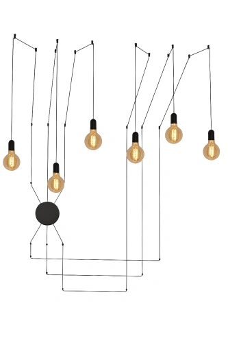 Lampa wisząca Cable Black z pięcioma żarówkami Edison na czarnych przewodach, wychodzących z jednej puszki, zawieszona na suficie – nowoczesny, industrialny design..png