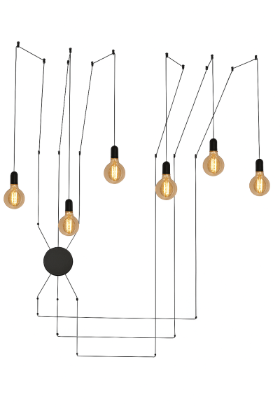 Lampa wisząca Cable Black z pięcioma żarówkami Edison na czarnych przewodach, wychodzących z jednej puszki, zawieszona na suficie – nowoczesny, industrialny design..png