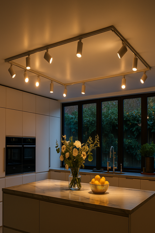 Nowoczesna kuchnia z systemem szynoprzewodowym LED – elegancki wystrój, oświetlenie 4Fundesign.com.