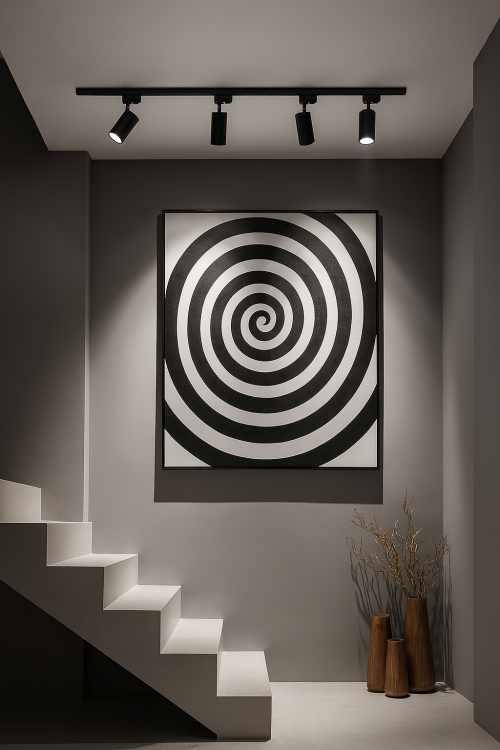 Nowoczesne wnętrze z czarno-białą abstrakcyjną grafiką na ścianie, oświetloną przez reflektory zamontowane na czarnej szynie sufitowej; dwa reflektory kierują światło na obraz, jeden oświetla schody dywanowe, a ostatni świeci pionowo w dół.