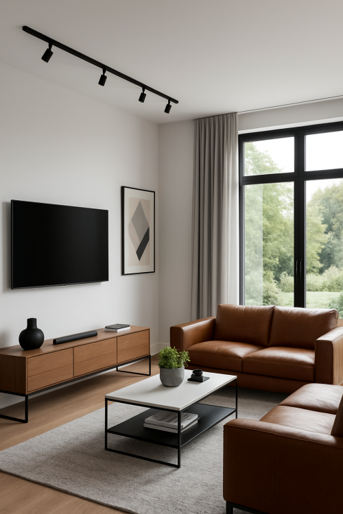 Na suficie widoczne jest oświetlenie szynowe 1-fazowe – czarna szyna z kilkoma regulowanymi reflektorami, które oświetlają ścianę z telewizorem i część salonu