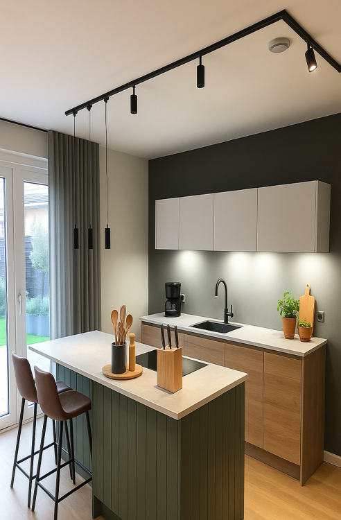 Nowoczesna kuchnia z zamontowanym czarnym systemem oświetlenia szynowego, w którym znajdują się reflektorki i lampy wiszące nad wyspą kuchenną; wnętrze utrzymane w stylu minimalistycznym z drewnianymi i oliwkowymi akcentami.