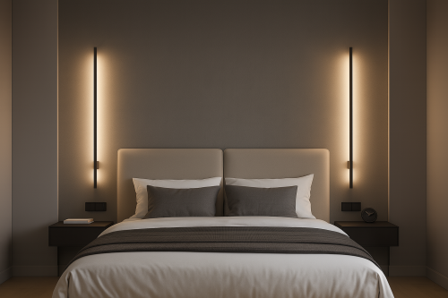 Nowoczesna sypialnia z designerskimi kinkietami LED Vision zamontowanymi po obu stronach łóżka.