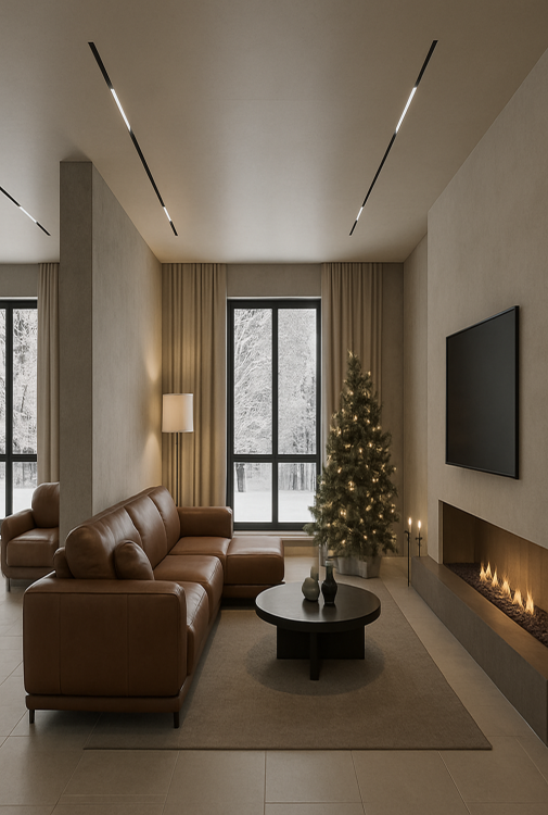 Nowoczesny salon z czarnym oświetleniem szynowym zamontowanym na suficie, które zapewnia efektowne i równomierne doświetlenie wnętrza.