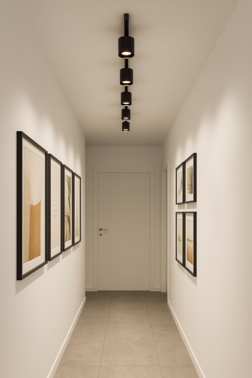 Nowoczesny, podłużny przedpokój z oświetleniem szynowym Ambra – czarna listwa z sześcioma metalowymi reflektorami świecącymi w dół, podkreślająca obrazy na białych ścianach.