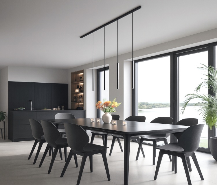 Zestaw oświetlenia szynowego 3fazowego zamontowany nad stołem w nowoczesnej jadalni.