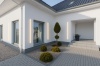 Nowoczesne oświetlenie zewnętrzne w formie pionowych linii LED zamontowanych na elewacji domu, podkreślające minimalizm architektury i dodające elegancji wejściu oraz przestrzeni wokół okien po zmroku.