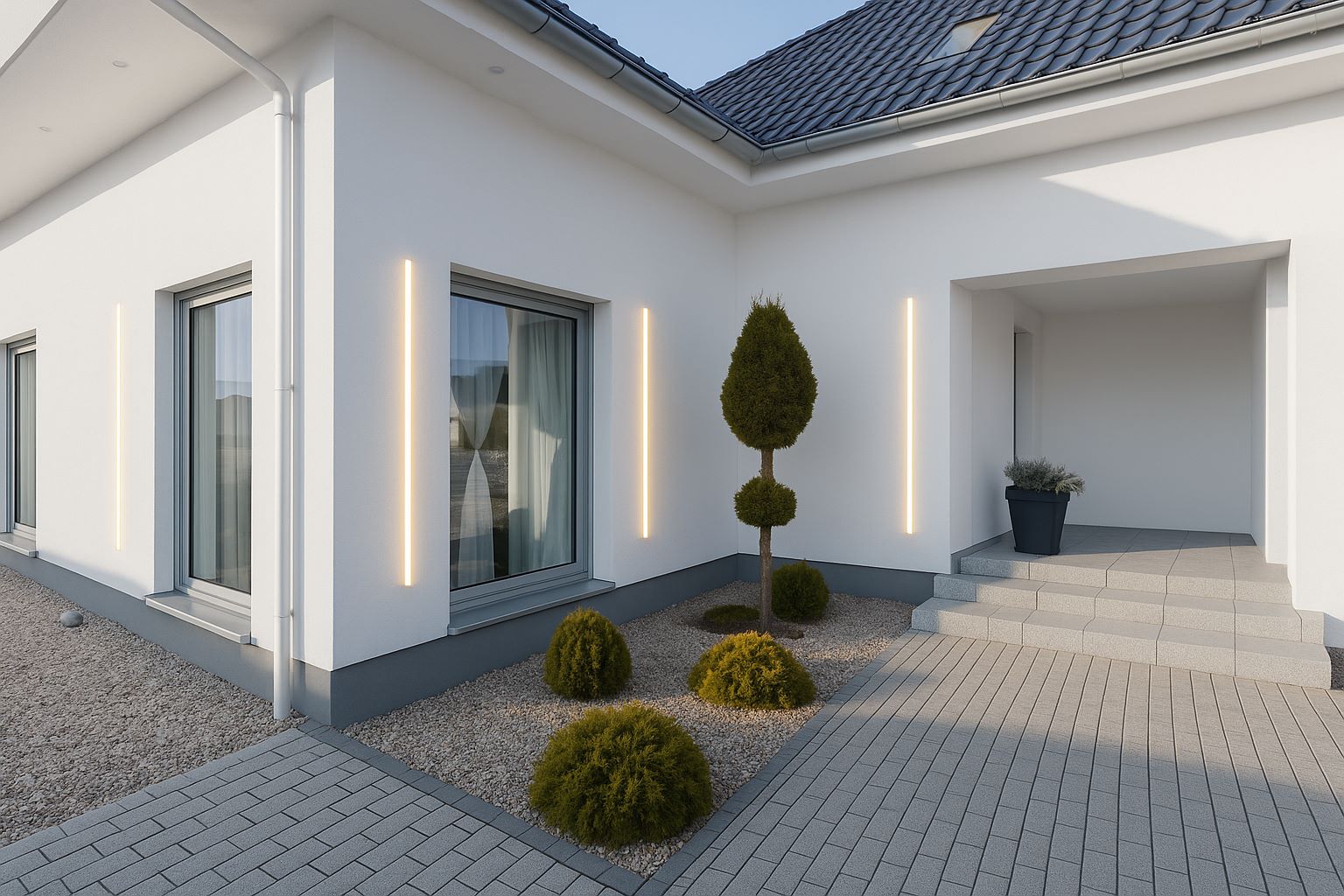 Nowoczesne oświetlenie zewnętrzne w formie pionowych linii LED zamontowanych na elewacji domu, podkreślające minimalizm architektury i dodające elegancji wejściu oraz przestrzeni wokół okien po zmroku.