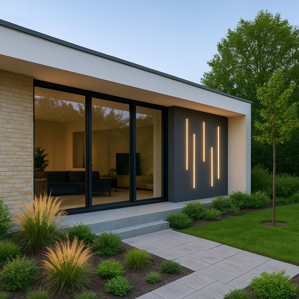 Nowoczesne pionowe linie LED zamontowane na elewacji domu, tworzące efektowny wzór świetlny. Oświetlenie podkreśla architekturę budynku i dodaje elegancji wieczorową porą, komponując się z minimalistycznym ogrodem.