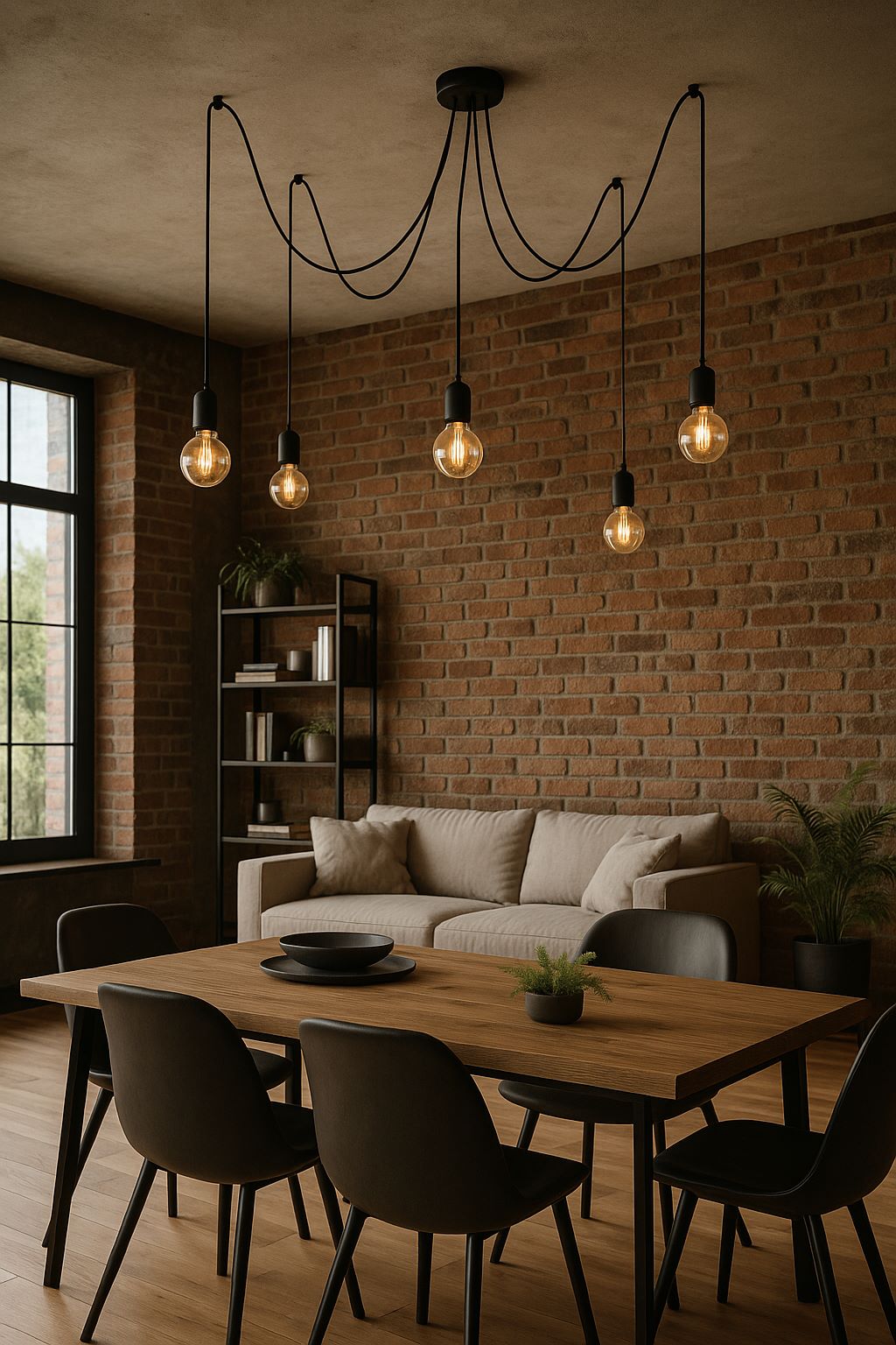 Lampa Pająk 5 w czarnej wersji z pięcioma żarówkami, zamontowana w nowoczesnym, industrialnym salonie..jpg