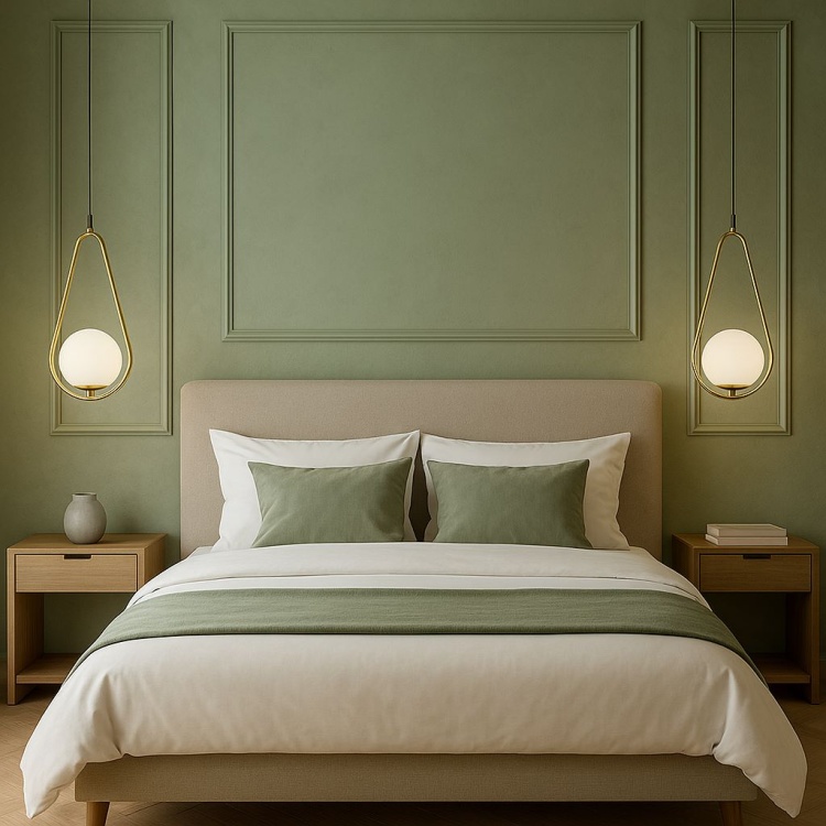 Sypialnia oliwkowa z dwiema lampami wiszącymi Neve gold po bokach łóżka.