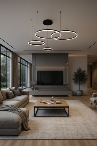 Lampa LED Circle black 4 w nowoczesnym salonie.
