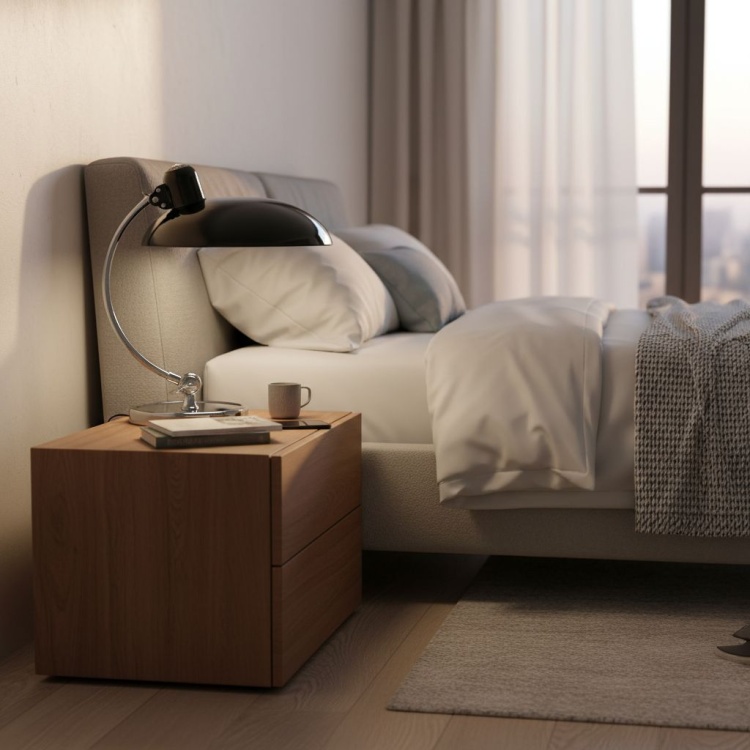 Lampka biurkowa Elite black na szafce w sypialni.