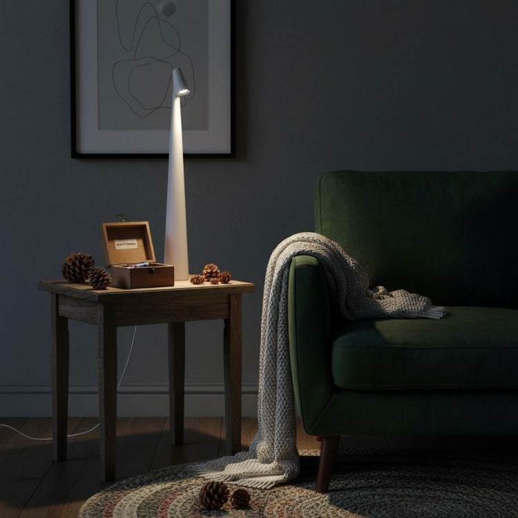 Lampka LED Nokko biała na stoliku przy sofie