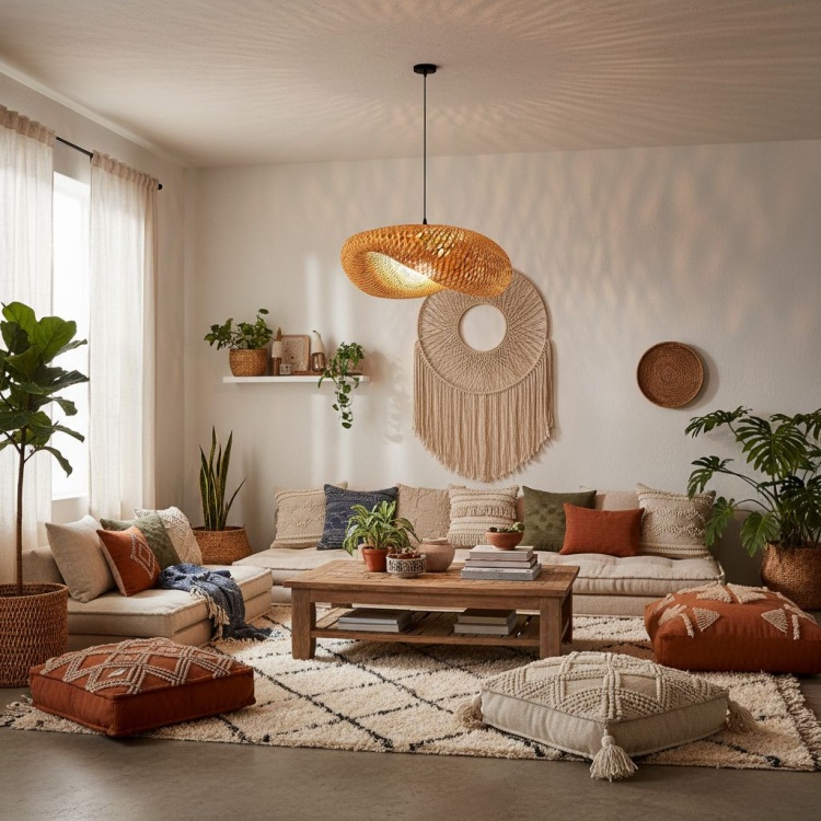 Lampa Hawana w salonie w stylu boho.
