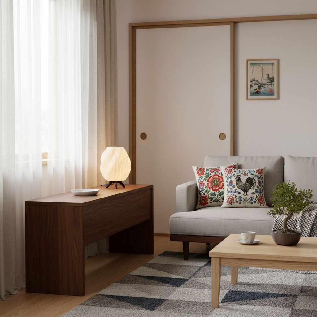Lampka Tokio w pokoju urzadzonym w stylu japandi.