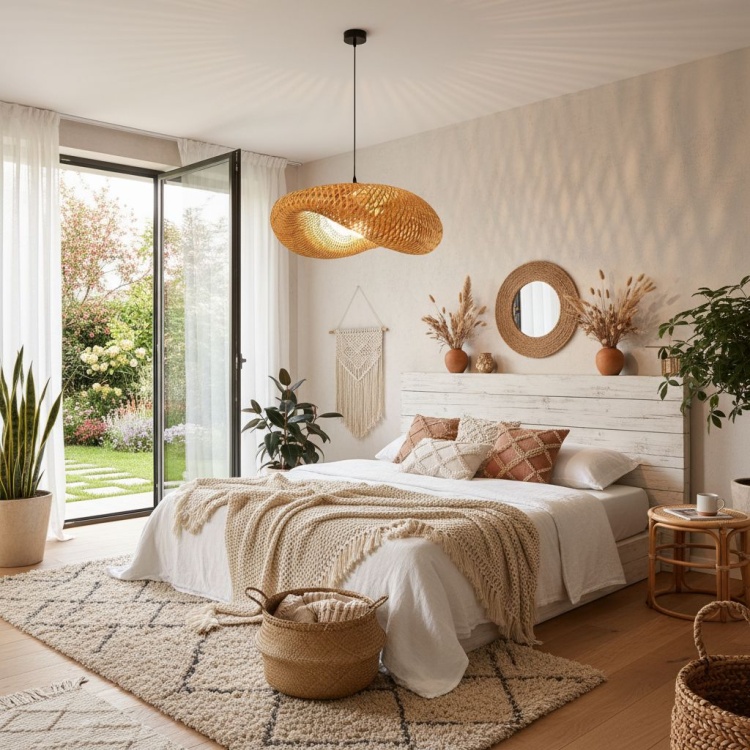 lampa Hawana w sypialni w stylu boho.