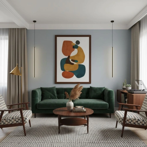 Lampy Neo w salonie w stylu modern retro .