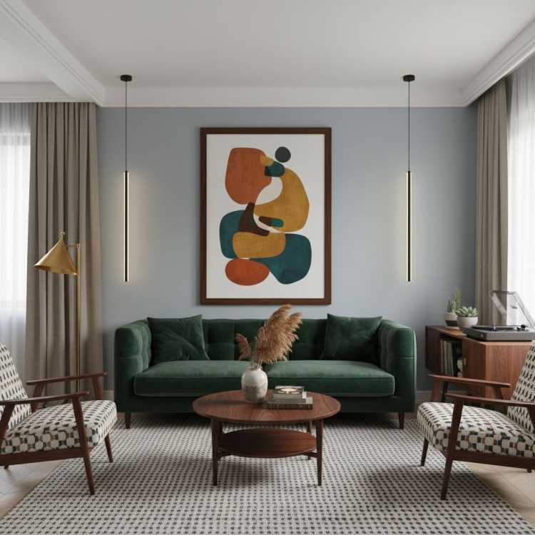 Lampy Neo w salonie w stylu modern retro .