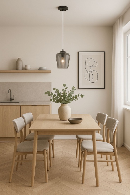 Lampa wisząca Tulipan - klosz dymiony nad stołem w jadalni.