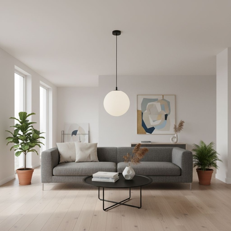 Lampa wisząca Kula 30 cm szklana w nowoczesnym salonie