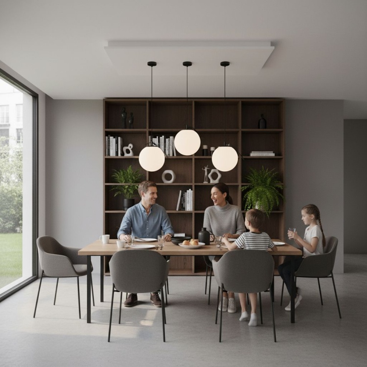 Lampa wisząca Kula 30 cm szklana w salonie.