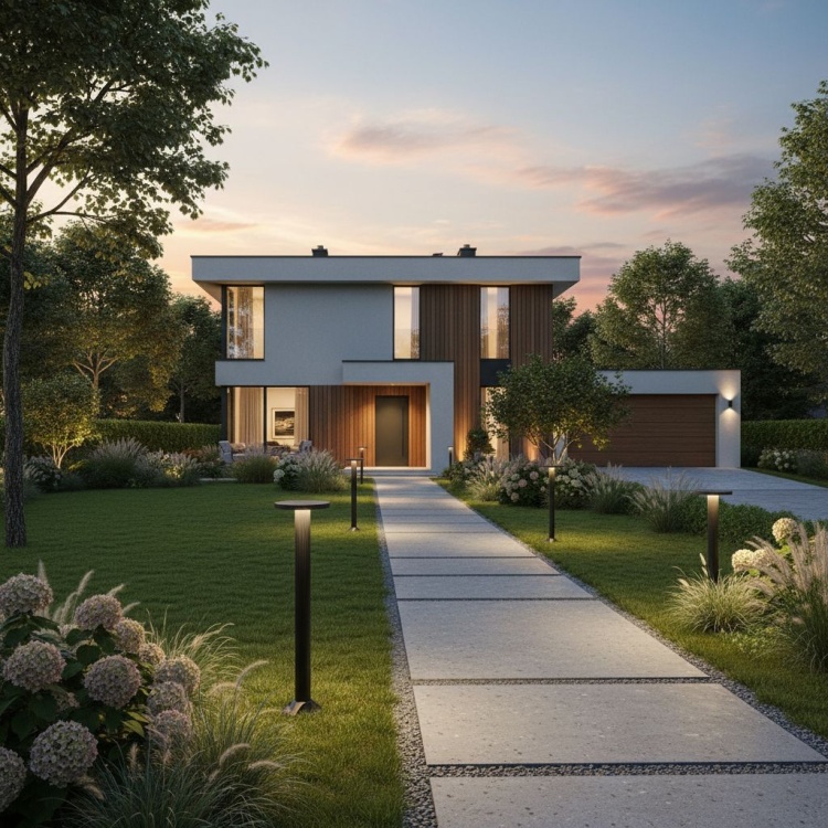 Lampa ogrodowa Rondo oświetlające ścieżkę do domu.