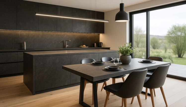 Nowoczesna kuchnia z wyspą i stołem, oświetlona lampą LED Prestige nad wyspą oraz dodatkową lampą nad stołem, w eleganckim, minimalistycznym stylu