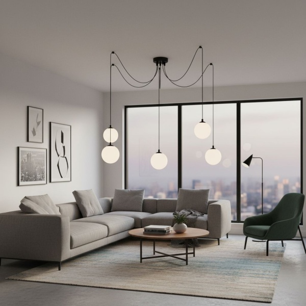 Lampa Pająk 5 ramion z szkalnymi kloszami w nowoczesnym salonie.