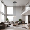 Lampa wisząca z siedmioma kloszami w kształcie kuli w dużym salonie.