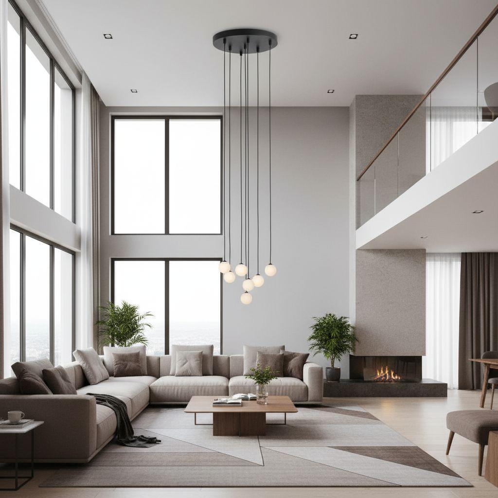 Lampa wisząca z siedmioma kloszami w kształcie kuli w dużym salonie.