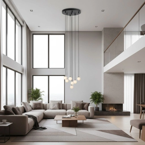 Lampa wisząca z siedmioma kloszami w kształcie kuli w dużym salonie.