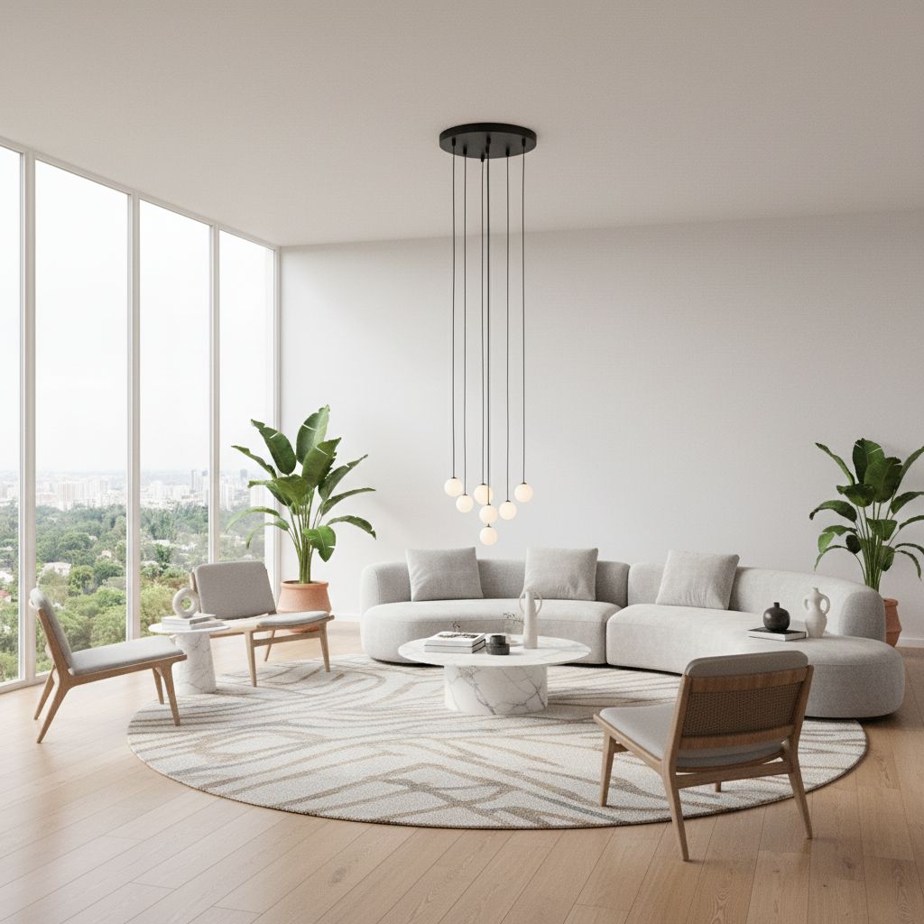 Lampa wisząca z siedmioma kloszami w kształcie kuli w nowoczesnym salonie.