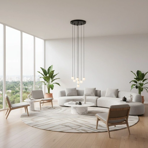 Lampa wisząca z siedmioma kloszami w kształcie kuli w nowoczesnym salonie.