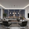 czarna lampa wisząca z 4 kloszami w kszatałcie kuli w penthousie.
