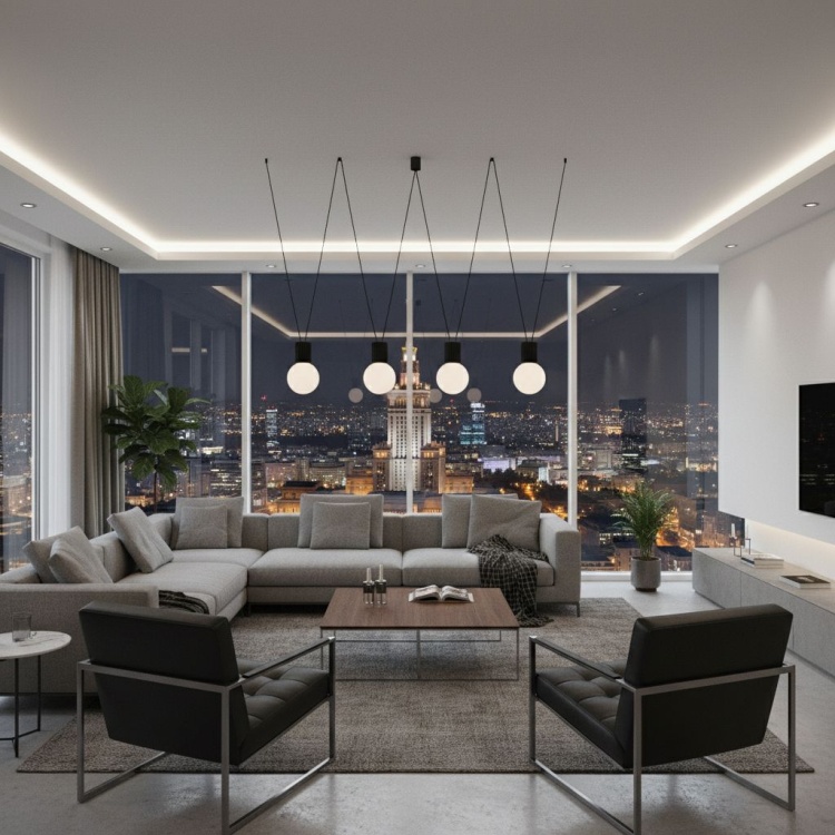 czarna lampa wisząca z 4 kloszami w kszatałcie kuli w penthousie.