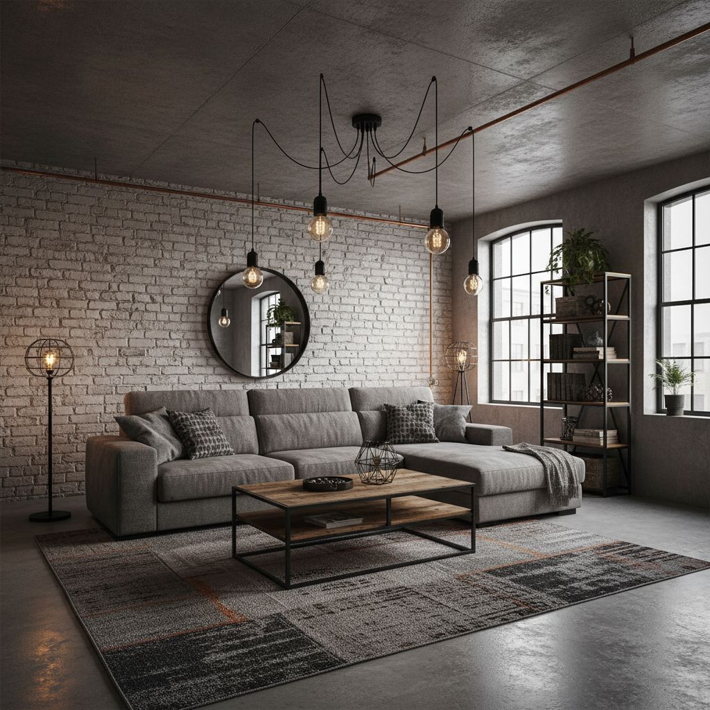 Lampa Pająk 5 ramion zawieszona w salonie w stylu industrialnym.