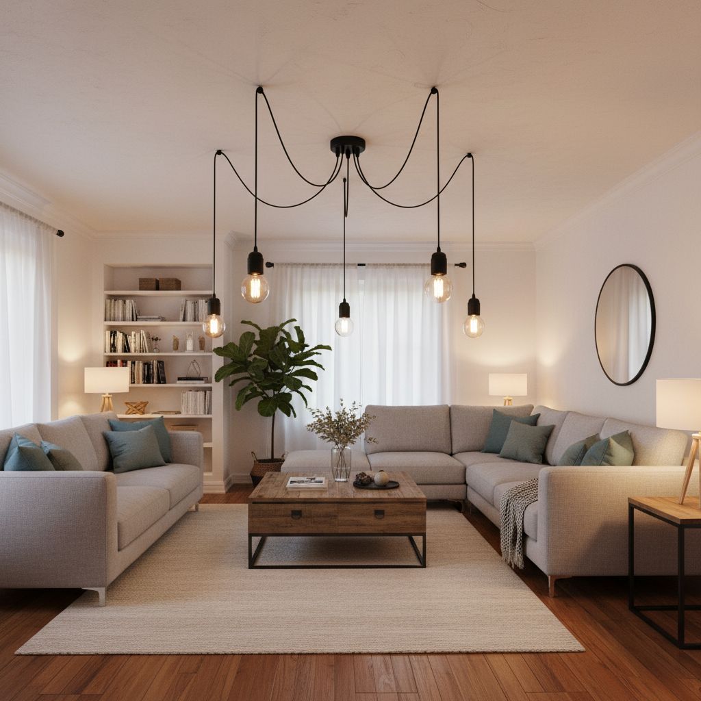 Lampa Pająk z pięcioma ramionami zawieszona w salonie.