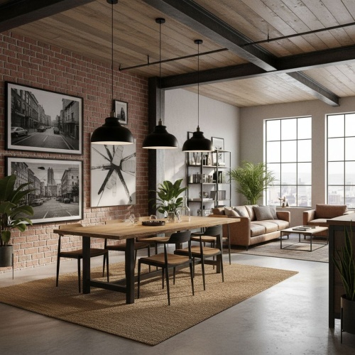 Rustykalne lampy wiszące w jadalni.