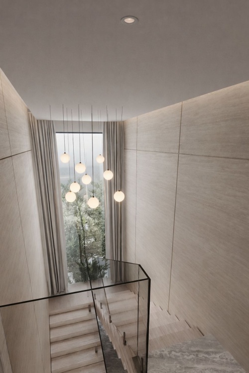 Lampy wiszące z kulami 12 cm na schodach.