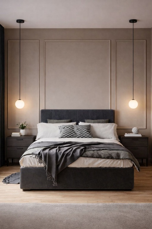 Sypialnia z lampkami wiszącymi po obu stronach łóżka.