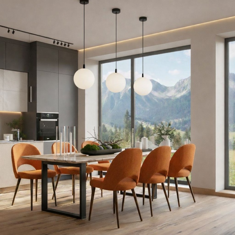 Lampa kula nad stołem w jadalni – trzy białe szklane lampy wiszące jako nowoczesne oświetlenie do salonu i jadalni.